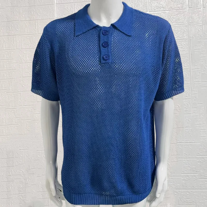 European and American Collar Sweater Men's Thin Hollow Slim Fit Short Sleeved Knitted Summer New Men's Clothing Top Short Sleeve