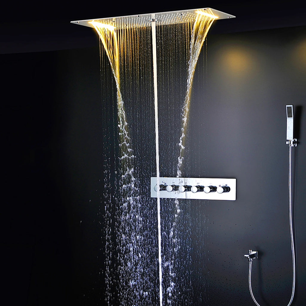 Bathroom LED Shower Set Ceiling Rainfall Waterfall Misty Shower Head Panel 380x700mm Thermostatic Mixer Diverter Faucets System
