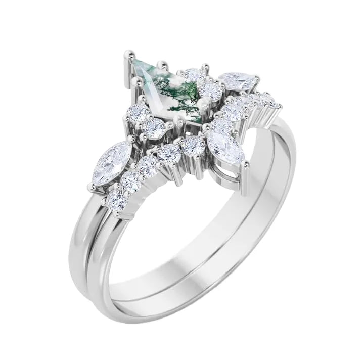 925 Sterling Silver Moss Agate Luxury Certified Wedding Ring Two Layer Geometric Statement Ring Elegant Engagement Party Gift