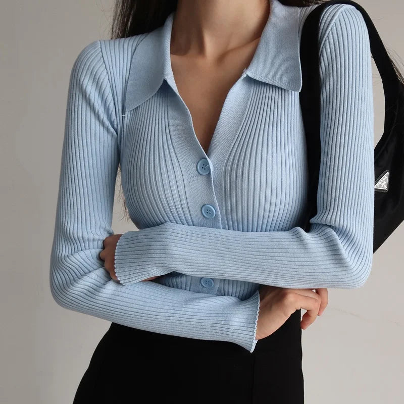 Lapel Slim-fit Coat Pit Strap Buckle Sexy V-neck Fashion Long-sleeved Cardigan Sweater Woman