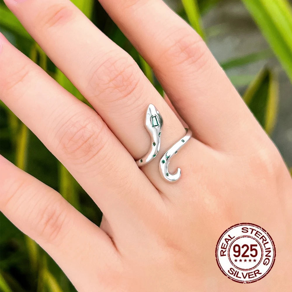 Fashion Design Cubic Zirconia 925 Sterling Silver Snake Ring Woman Bulk Resizable Ope Size Thin Snake Rings for Lady