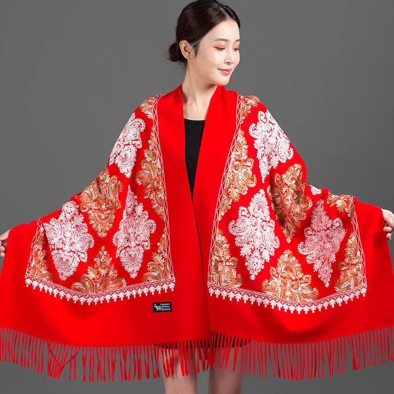 Women's Thick Warm Cashmere Winter Poncho Scarf Long Shawl Delicate Embroidery Wholesale Traditional Scarves Shawls Supplier