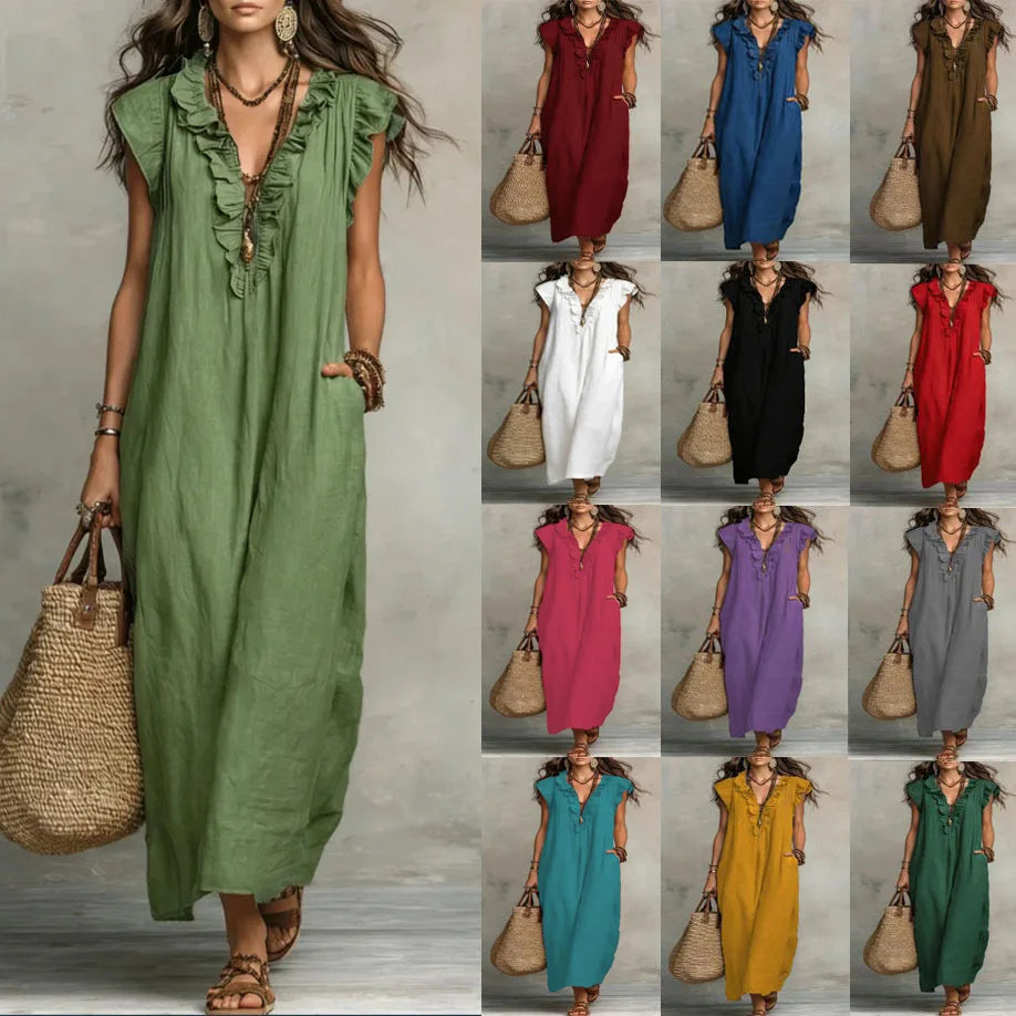 Bohemian Style Ruffle Trim Maxi Dress Women Casual Loose Summer Linen Dress