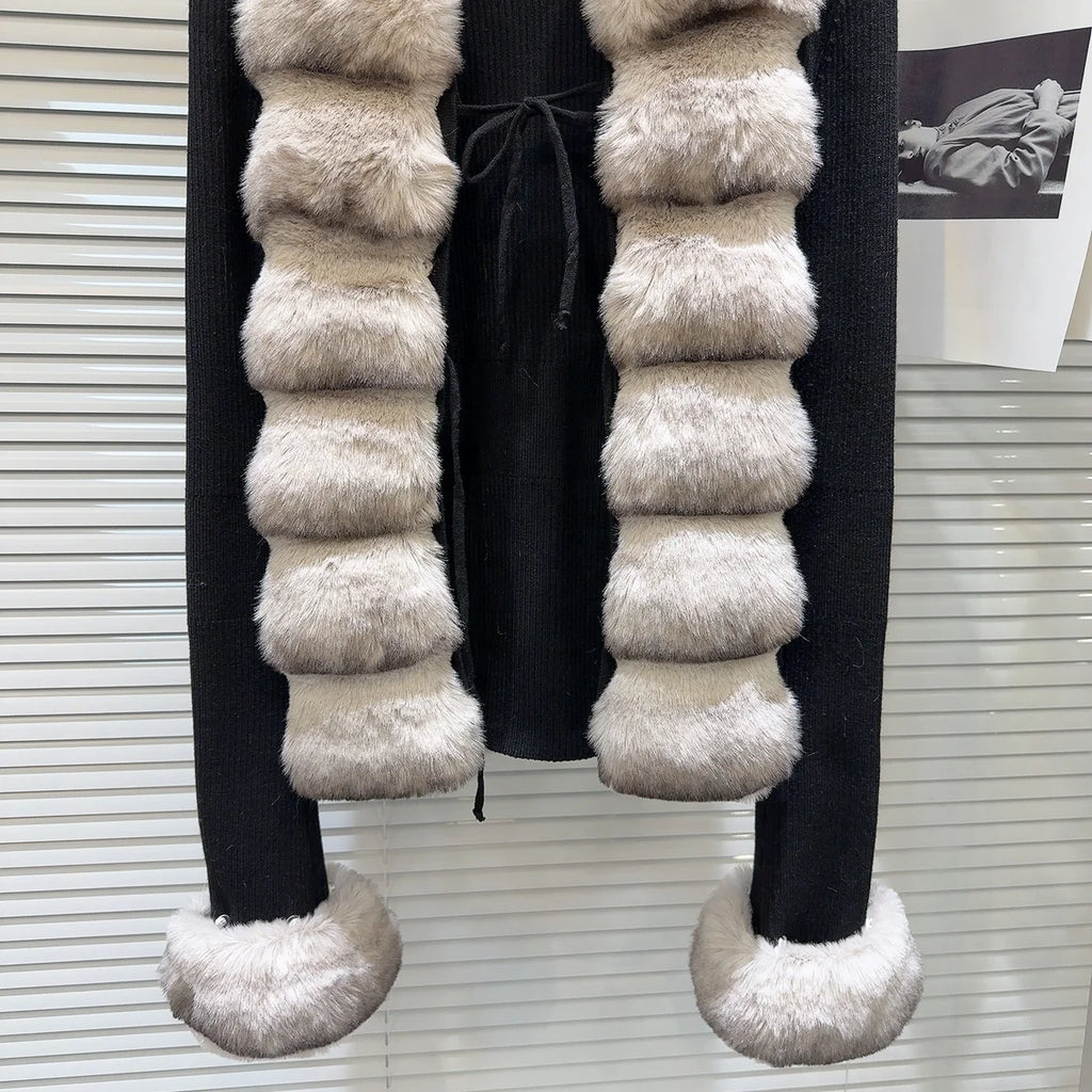 OUDINA Wholesale Hot Girl Winter Casual Lace-Up Sweaters Fur Top Ladies Cardigan Sweater
