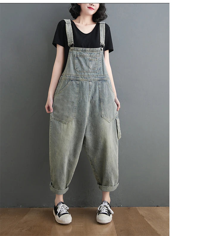 Boyfriend Loose Jeans Overalls For Women Casual Plus Size Wide Leg Denim Jumpsuit Straps Baggy Cargo Pants Big Pockets Dungarees