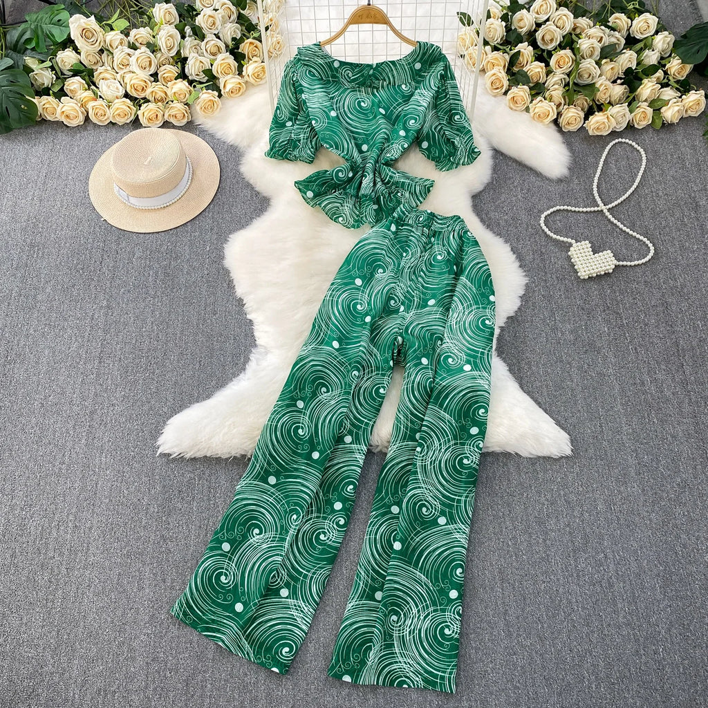 Lotus Leaf V-neck Short Sleeved T-shirt and High Waist Printed Chiffon Straight-leg Wide-leg Pants Two-piece Set