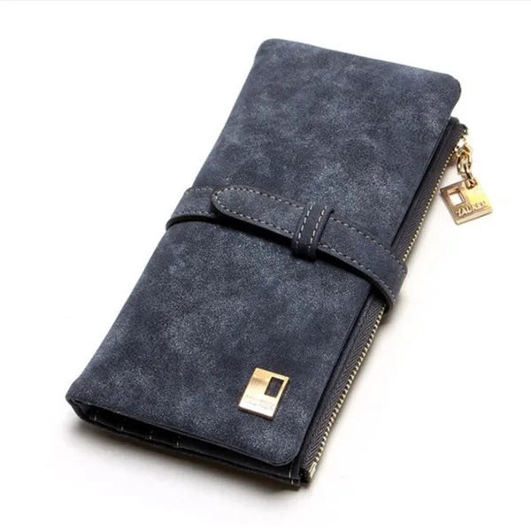 Vintage Women Long Standard Wallets Purse Fold Drawstring Nubuck Leather Zipper Suede Bag Female Simple Design Clutch Handbags