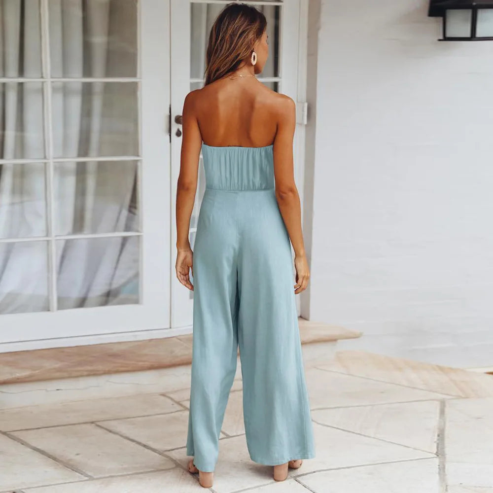 New Style Women's Summer Casual Breathable Loose Solid Color Sleeveless Jumpsuit Strapless Wide Leg Long Pants Party Set