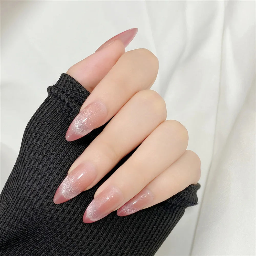 High Quality Bulk Cat Eye French Style pink Acrylic Gel Short Almond square Stiletto Handmade Wear Press on Nails
