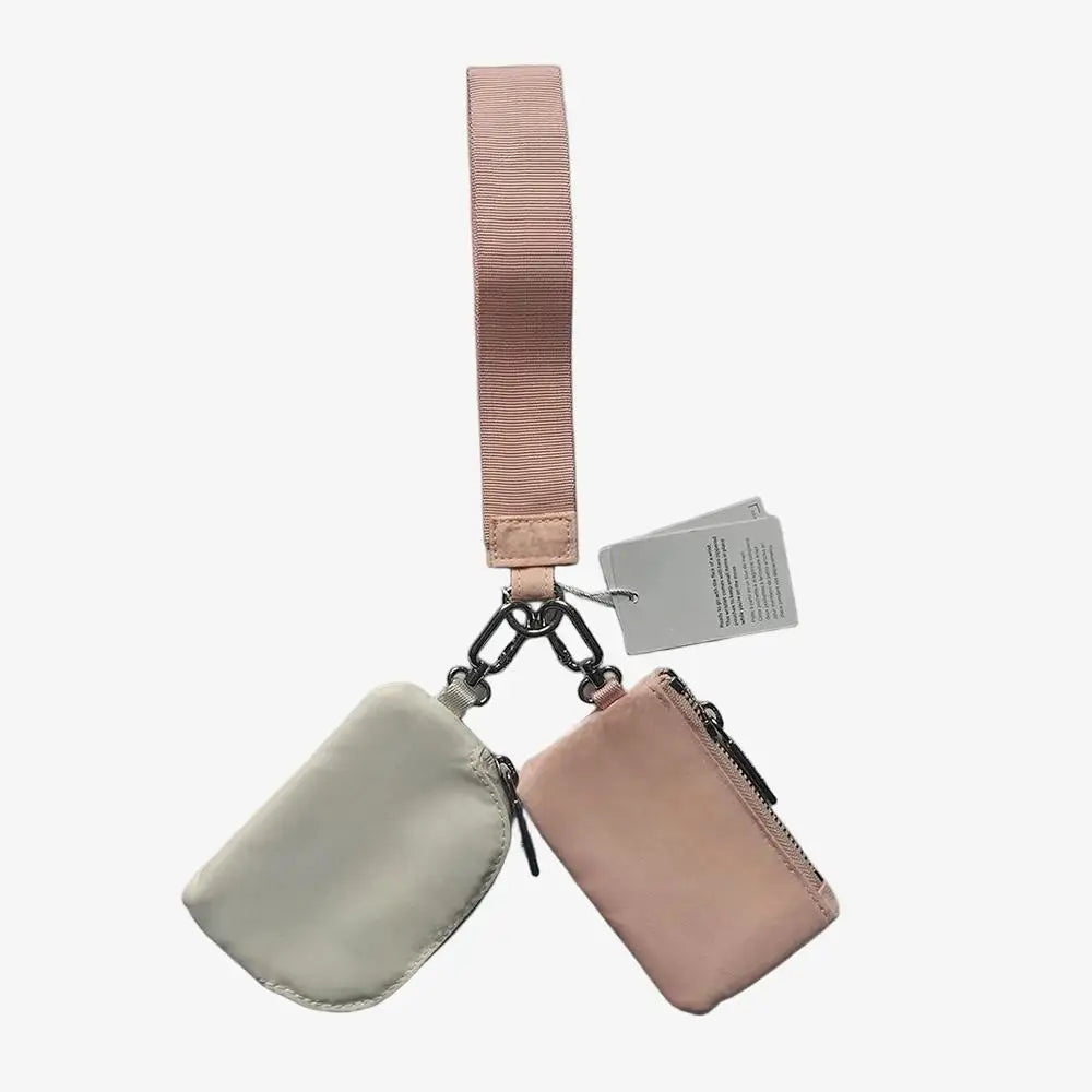 Light Weight Nylon Zipper Dual Pouch Portable Business Wristlet Hanging Keychain Bag in USA Overseas Warehouse