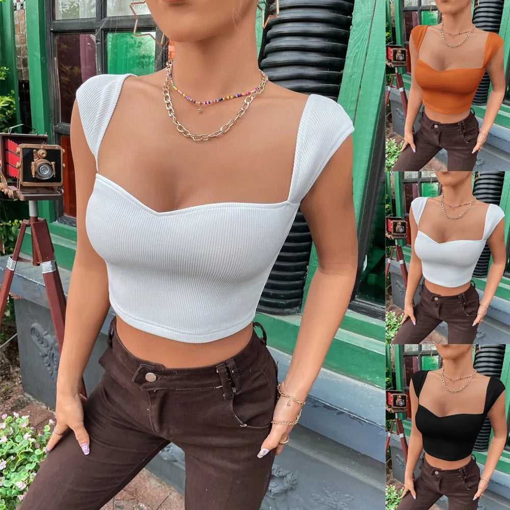Casual Basic Ribbed Knit Crop Top for Women Summer Sleeveless Square Neck Tank Cute Tee Grunge Y2K Korea Fashion Streetwear 2343