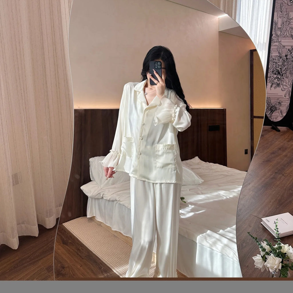New Women Long-sleeved Pajamas Spring and Autumn Silk Lapel Nightwear Solid Color Stitching Fashion Sleepwear Factory Wholesale