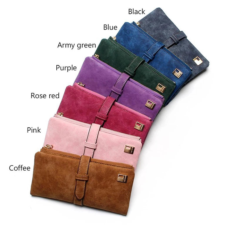 Vintage Women Long Standard Wallets Purse Fold Drawstring Nubuck Leather Zipper Suede Bag Female Simple Design Clutch Handbags
