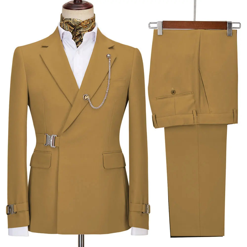 XS-5XL Men's Autumn and Winter Personalized Buckle Design Suit Fashion Business Casual Suit Set Two Piece