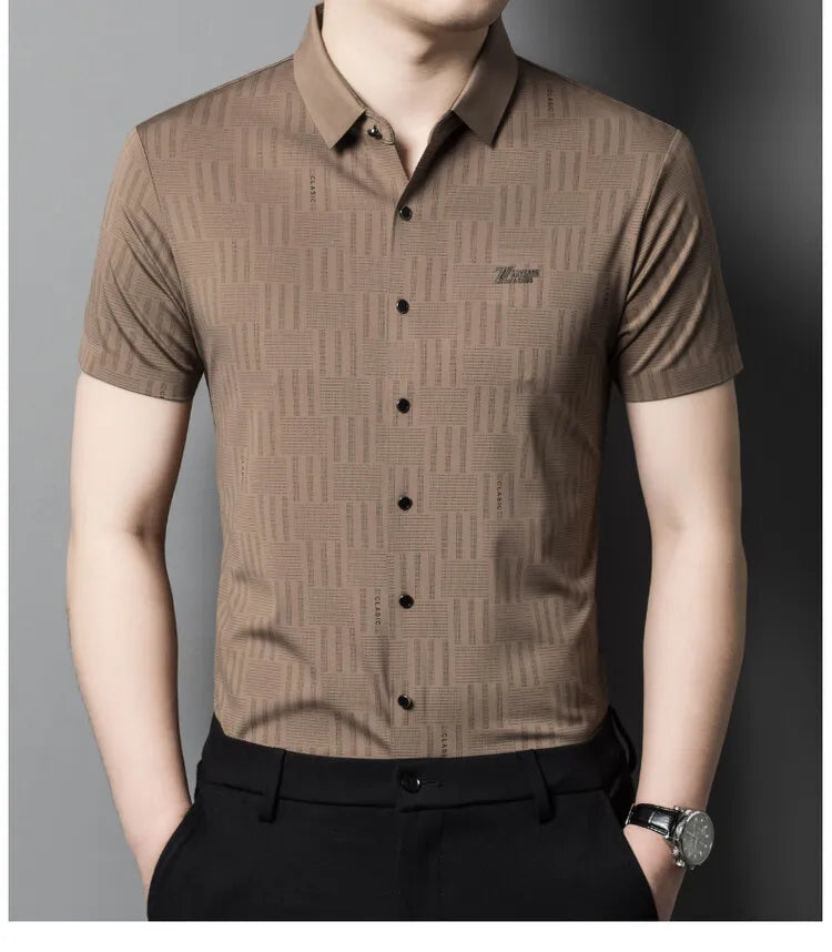 Liu Ming Summer Fashion Casual Men's Tops Shirts Single Breasted Solid Color Short Sleeve With Turn-Down Collar