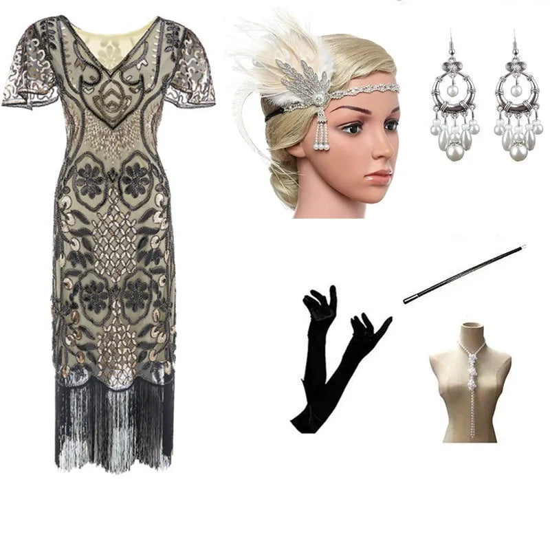 Halloween Cosplay Dress for Women 1920s Vintage Flapper Long Fringe Beaded Gatsby Party Dress With 20s Accessories Set