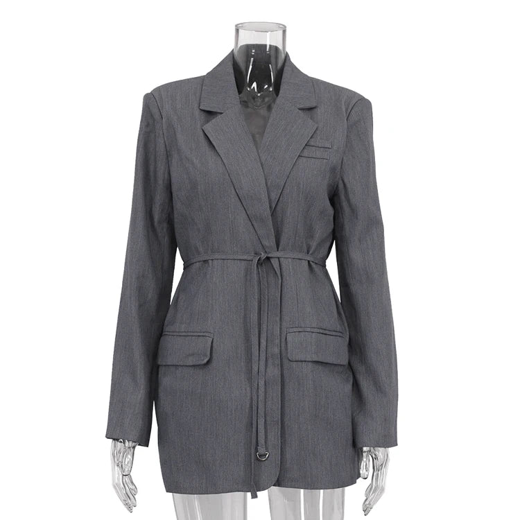Clothing Manufacturer Dark Blue Casual Office Belted Wrap Long Blazer Woman Dress Blazers Pour Femmes