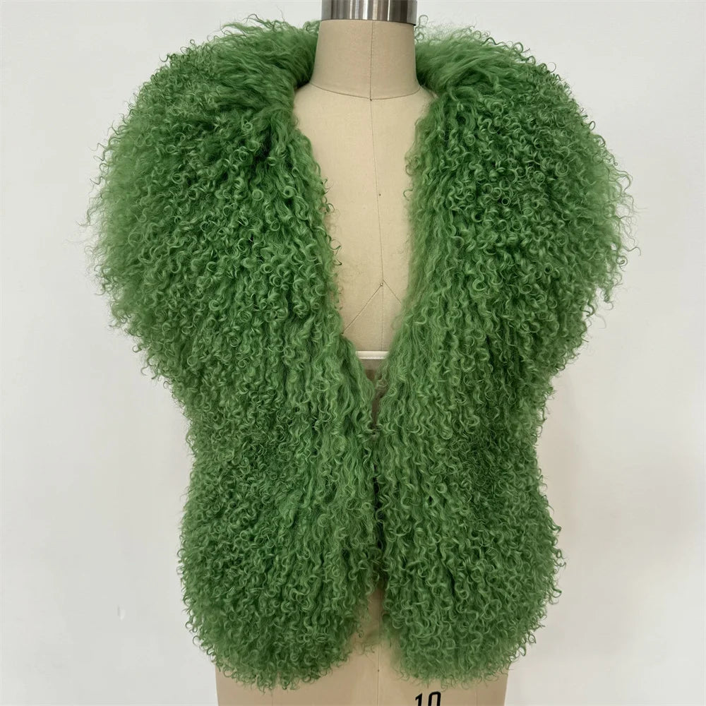 Streetwear Real Mongolian Sheepskin Fur Vest Women Real Sheep Fur Halter Top Vest