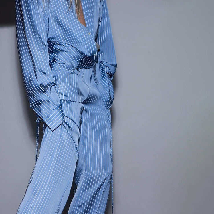 2024 New Fashionable Satin Blue Striped Long Sleeve Belted Shirt Wide Leg Long Pants 2 Piece Outfit Set Woman Pants and Shirt