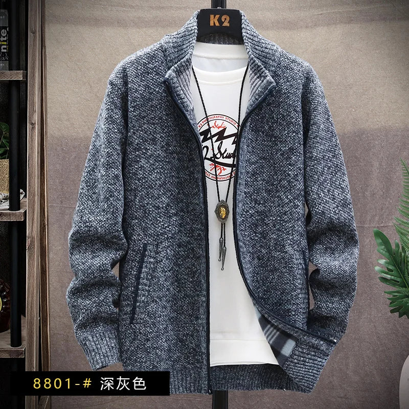 Autumn Winter Men's Sweaters Hooded Knit Cardigan Korean Sweaters Jacket Fleece Lined Hoodies Windbreaker Coat
