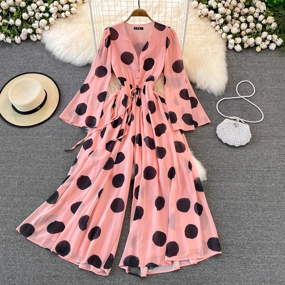 Flared Sleeve Polka Dot Print V-Neck Jumpsuit Wide Leg Jumpsuit