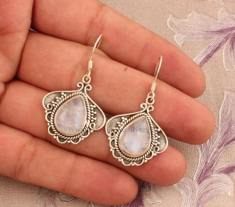Rainbow Moonstone Solid 925 Sterling Silver Handmade Pear Stone Indian Earrings For Wedding Anniversary