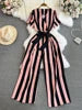 Wholesale 2026 Spring Temperament Short Sleeved V-neck Striped Casual High Waist Slim Straight Women's Jumpsuit