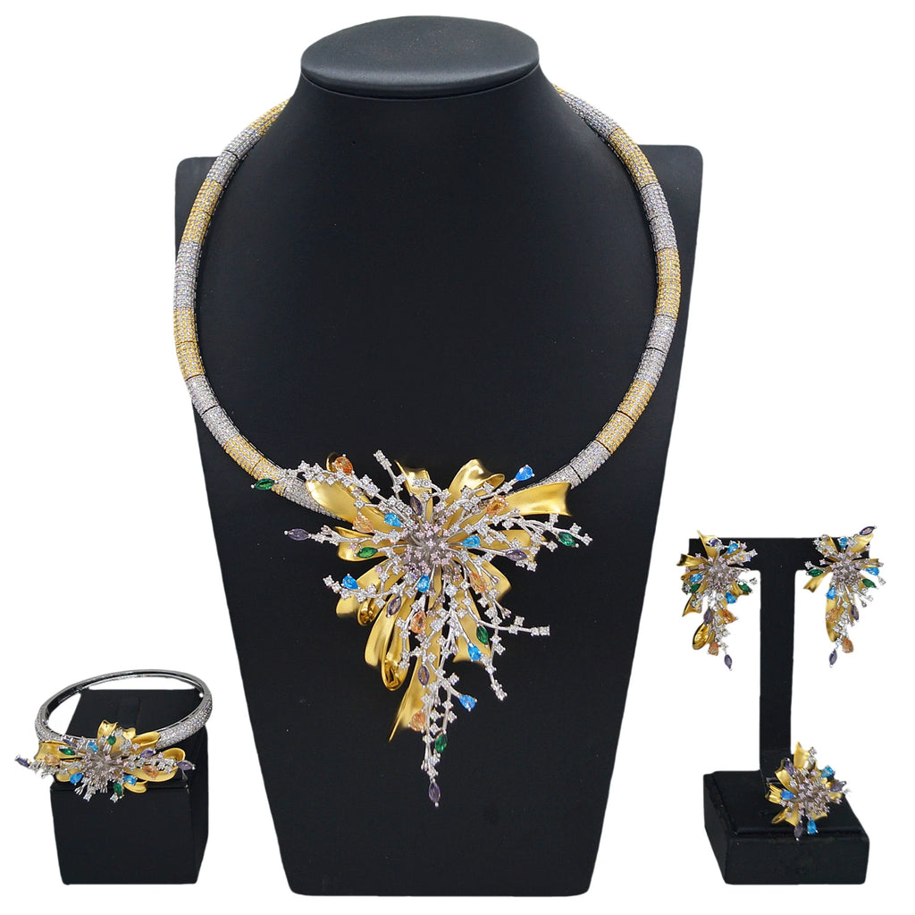 Yulaili Simple Two Tone American Colorful Zirconia Jewelry Set Charm Necklace Bracelet Earrings Ring Four Pieces Set for Wedding