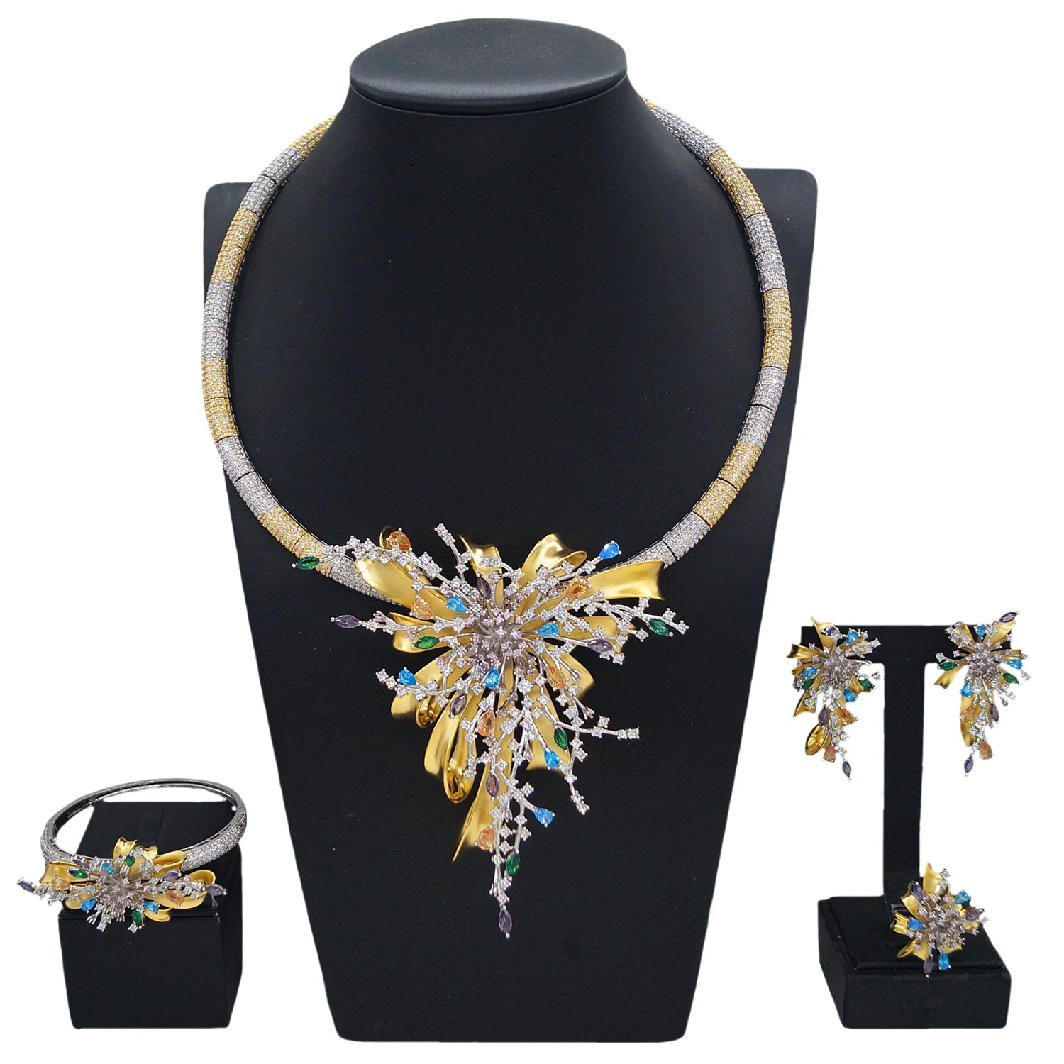 Yulaili Simple Two Tone American Colorful Zirconia Jewelry Set Charm Necklace Bracelet Earrings Ring Four Pieces Set for Wedding