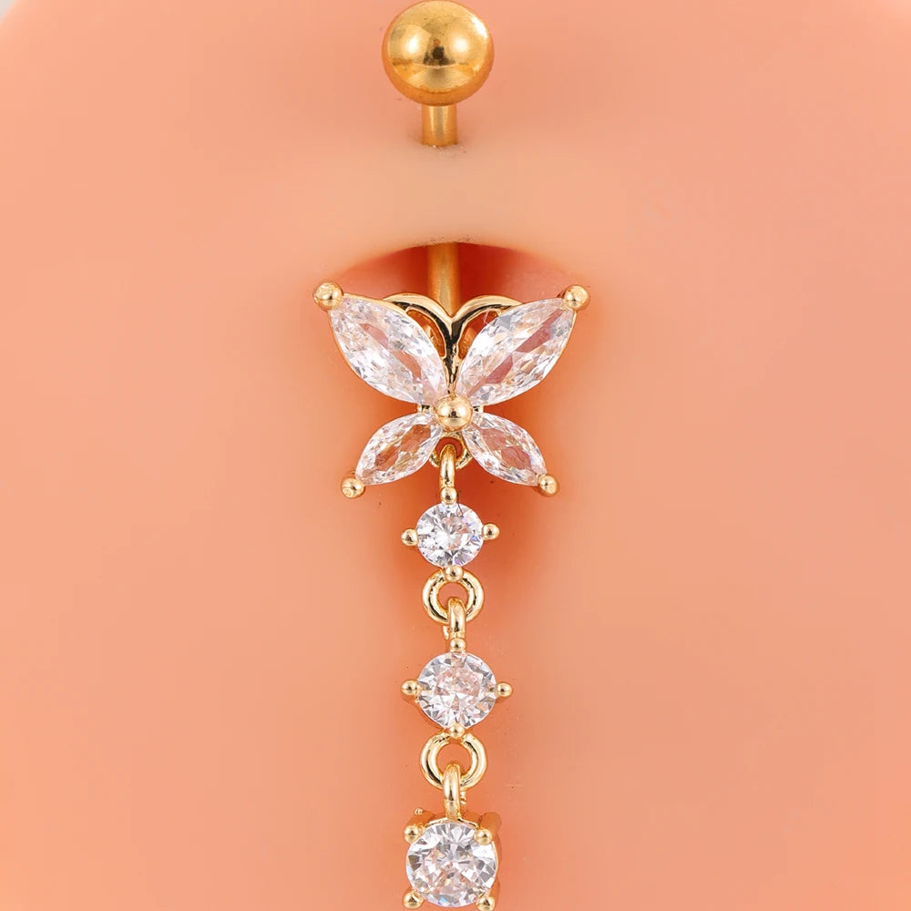 Set 6 Stainless Steel Gold-Plated Heart-Shaped Butterfly Navel Rings Cubic Zirconia 14G Bar Belly Button Piercing Rings Weddings