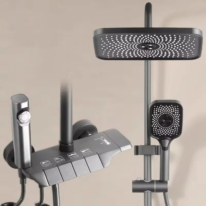 KAWAL Thermostatic Piano Key Rain Shower System Matte Black Wall Mounted Hot Cold Mixer Faucet Set with Handheld Spray
