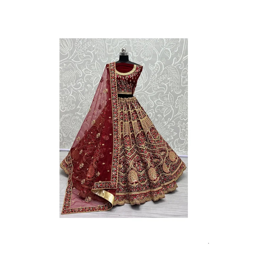 Dori Embroidery Fancy Zari Work Modern Velvet Sequined Beaded Anti-Wrinkle Natural Floor-Length Partywear Lehenga Choli Women