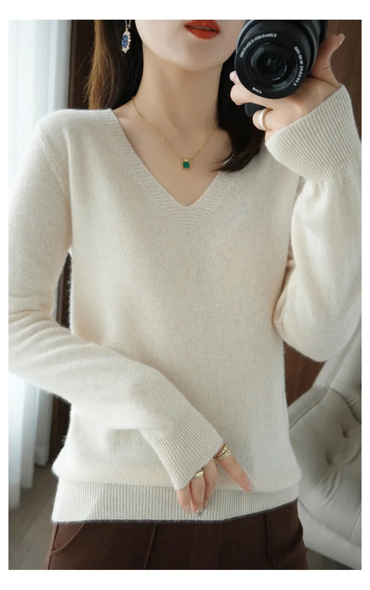 Women's Sweater 2025 Autumn Winter Knitted Pullovers V-neck Slim Fit Bottoming Shirt Solid Soft Knitwear Jumpers Basic Sweaters