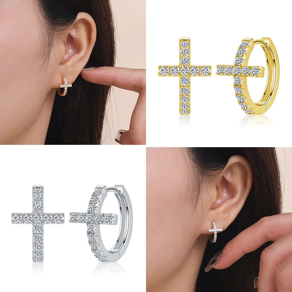 Unique 0.442 Carat Moissanite Accented Cross Ear Jackets, S925 Silver 18K Gold Plated Luxe Hoops, Drop Shipping