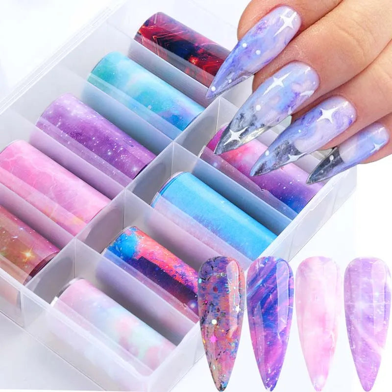 10 Colors Starry Sky Pattern Lace Style 3D Nail Foil Decals New Plastic Nail Sticker 4*100cm Transfer High Quality and Stylish