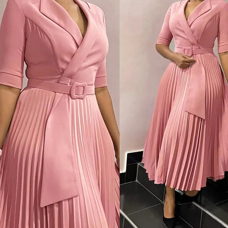 Trendy Autumn Office Lady Dresses Women Casual Elegant Suit Collar Half Sleeve Pleated African Career Dresses for Women