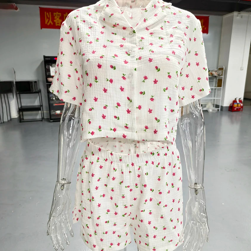 QINSI Sexy Summer Sleepwear Short Sleeves Sets 2 Pieces Pajamas for Women Floral Print Pj Cotton Pyjamas Set for Women