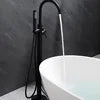 Matte Black Brass Ceramic Floor Mounted Free Standing Shower System Bathtub Mixer Tap Faucet Set Slide Bar 1 Handle Soft Spray