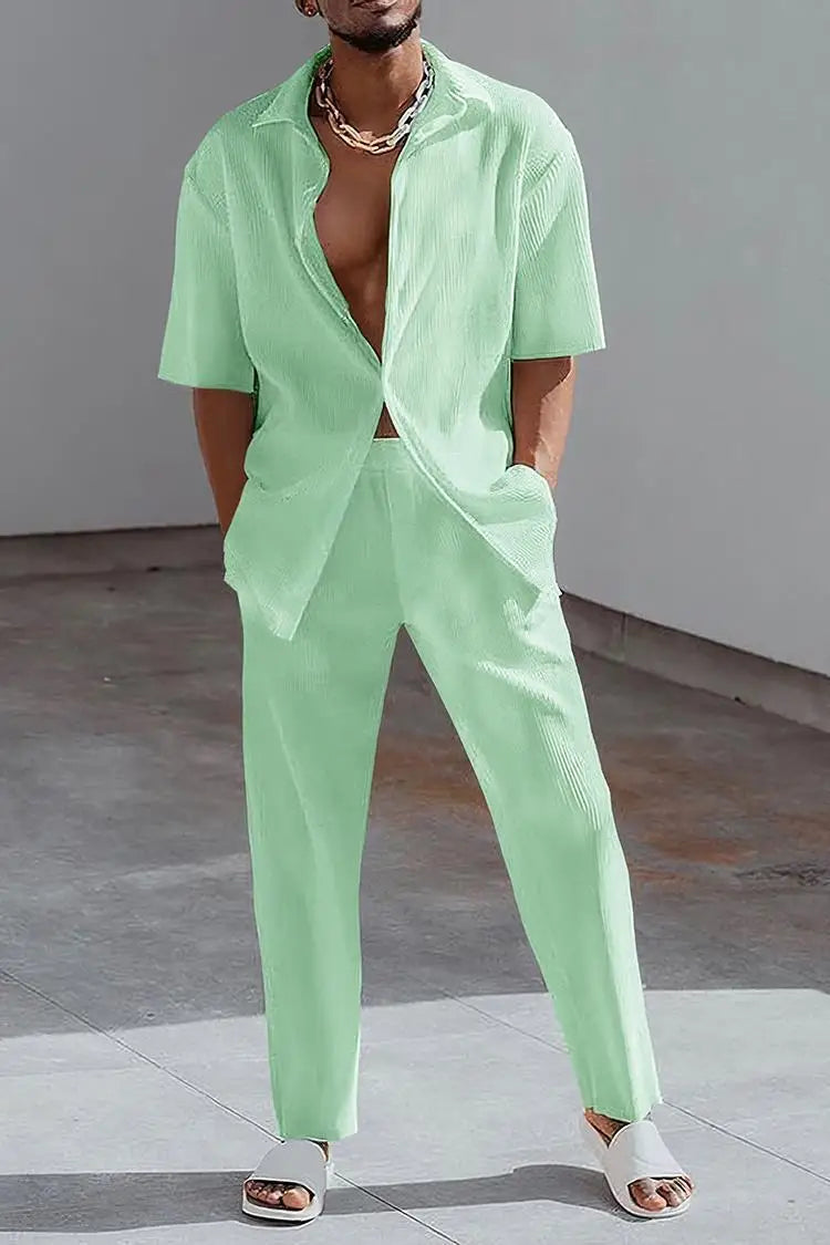 S-5XL Trendy and Fashionable Lapel Short Sleeved Shirt Loose Pants Casual Sports Set