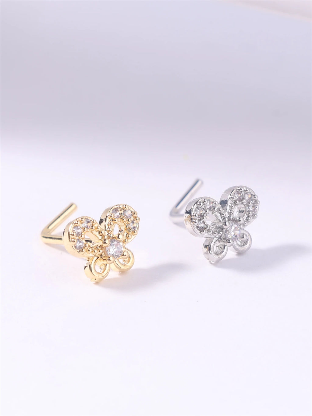 L Shaped Nose Studs Rings Butterfly Design for Women Girl Gold Silver Cute CZ Nose Pin 20G Nose Piercing Jewelry Wholesale