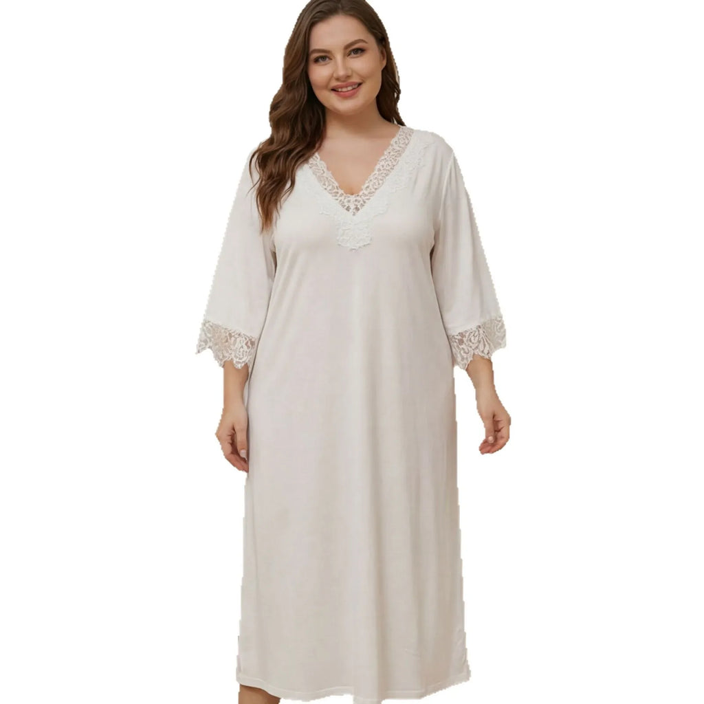 Cross-border European and American plus-size solid color lace mid-sleeve nightgown, loose-fitting home long dress, sexy and simp