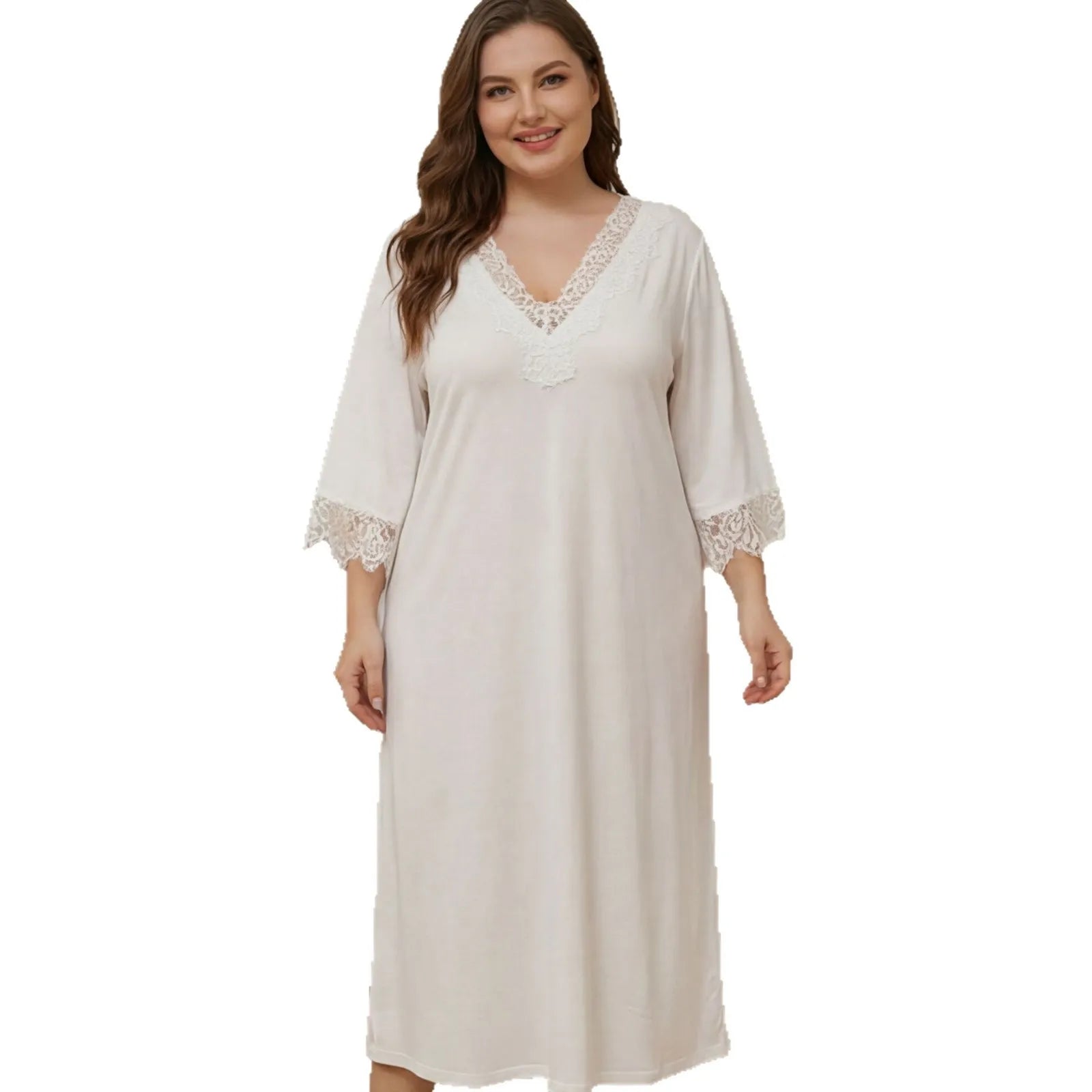 Cross-border European and American plus-size solid color lace mid-sleeve nightgown, loose-fitting home long dress, sexy and simp