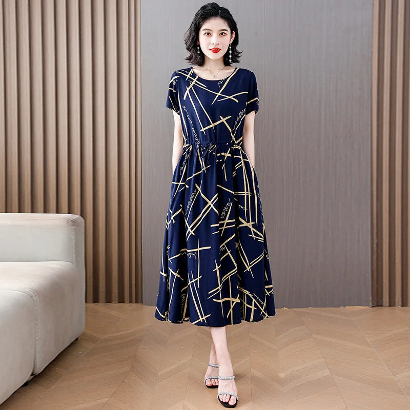 Women Floral Printed Summer Dresses O-neck Short Sleeve Fashion Printing Women's Simple Flower A-line Casual Dress