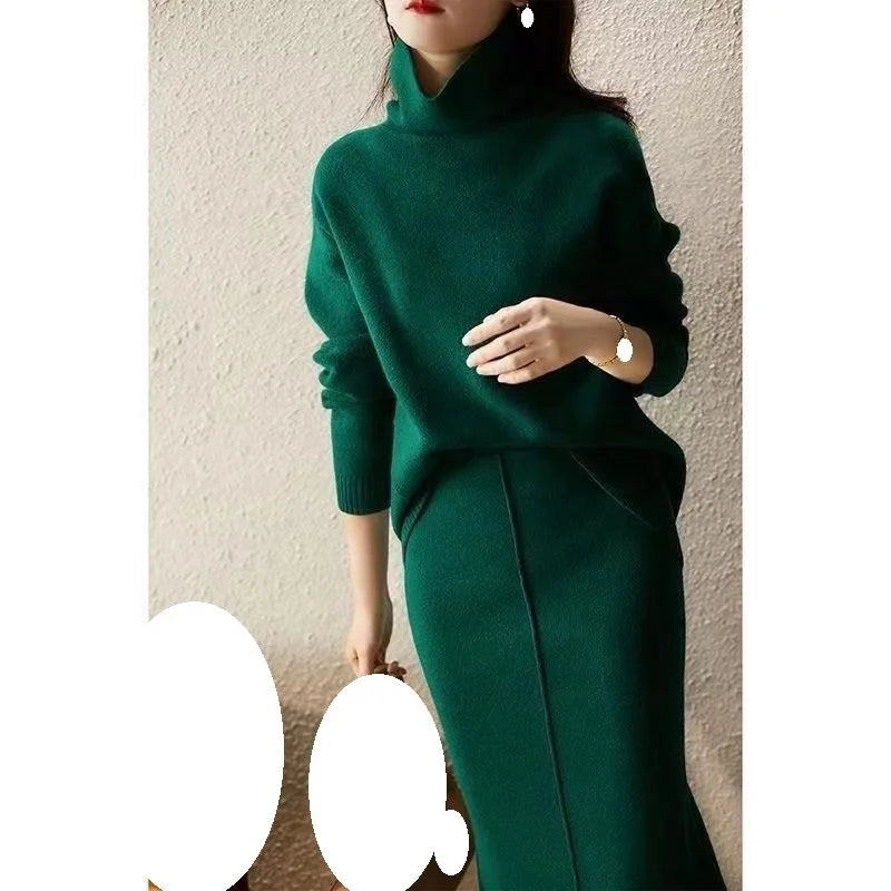 Fashion Temperament Fashion Knitwear Women's Autumn Winter Loose Sweater Skirt High Neck Two-piece Set