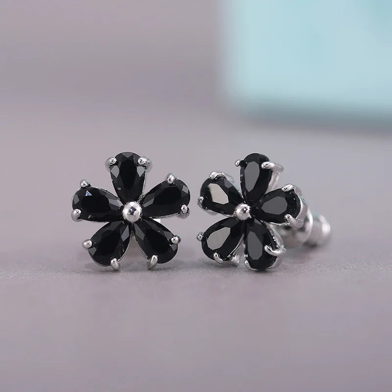Silver Plated Blue Gemstone Flower Stud Earrings For Women Party Fashion Jewelry Alloy Earring With Claw Setting