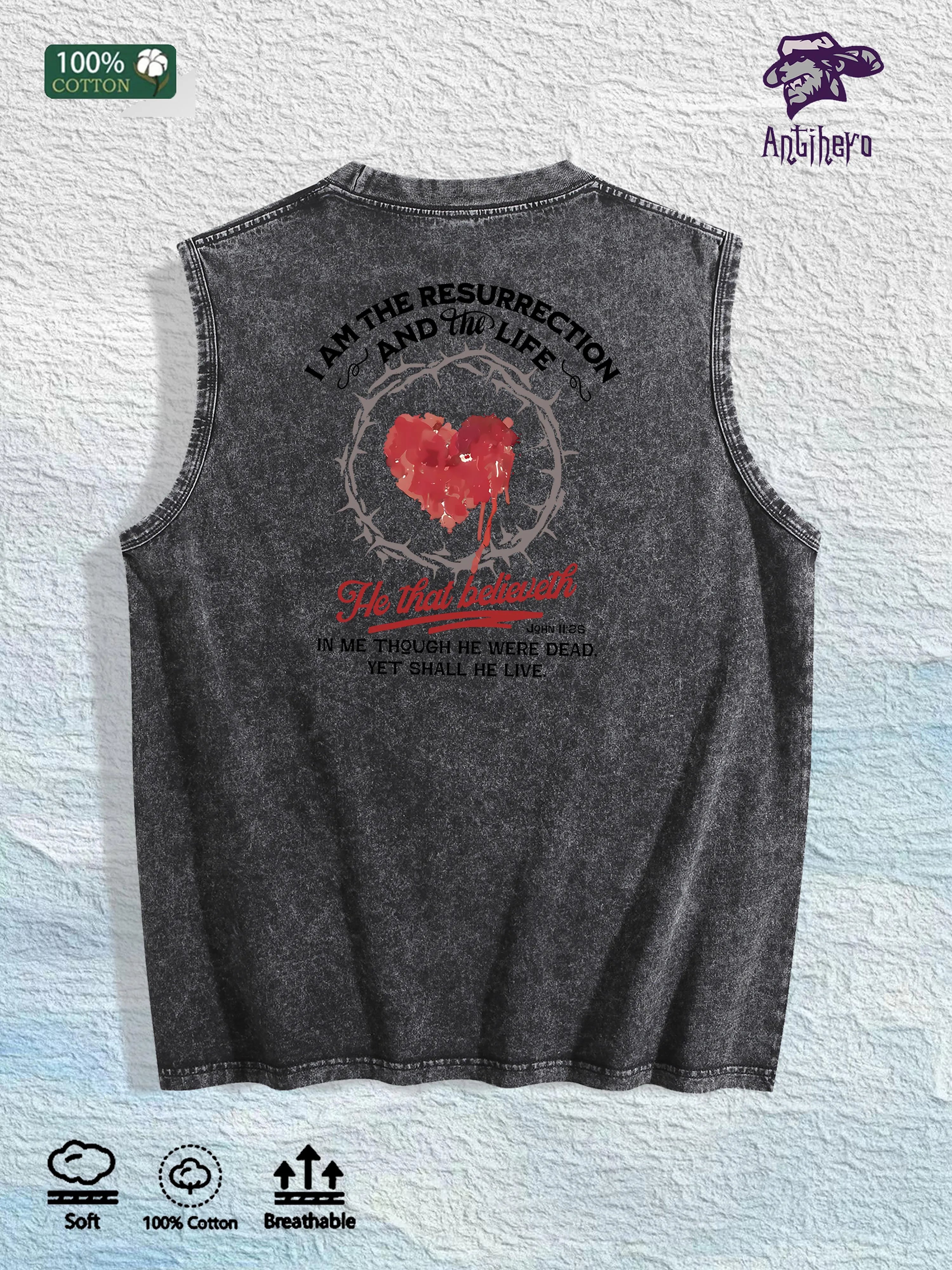 Religious Heart - Printed Washed Vest US Local Warehouse 3 Colors Cotton Breathable Trendy Top