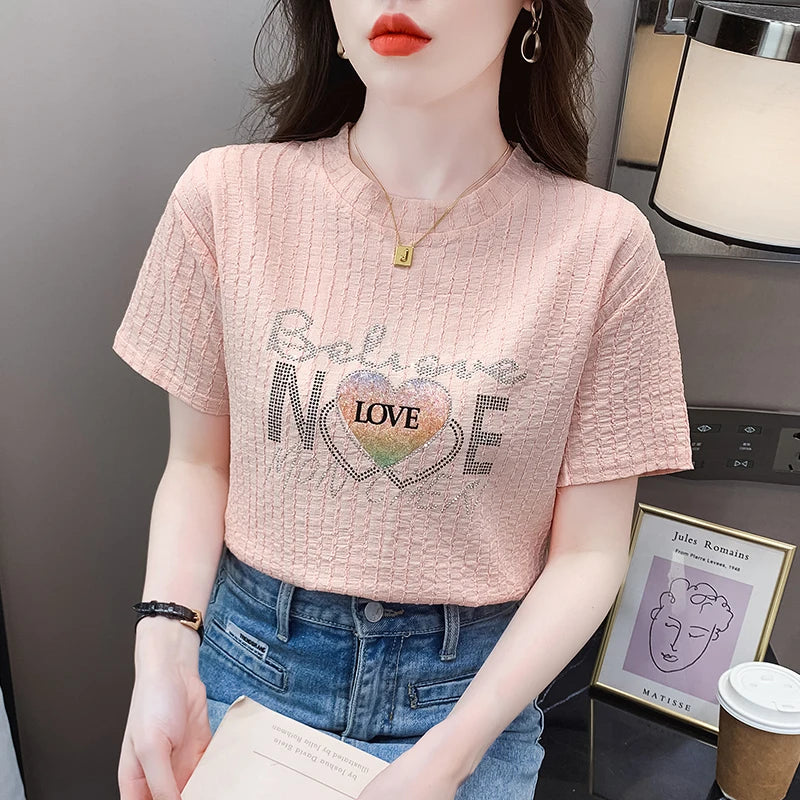 Korean Station Top Light Mature Short Sleeve Women's Loose Hot Diamond Women's T-shirt Versatile Women's Wholesale