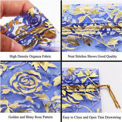 100pcs/lot 7x9 9x12 11x16 13x18cm Printing Roses Love Christmas Organza Bags Drawstring Gift Bag Charm Jewelry Packaging Bags