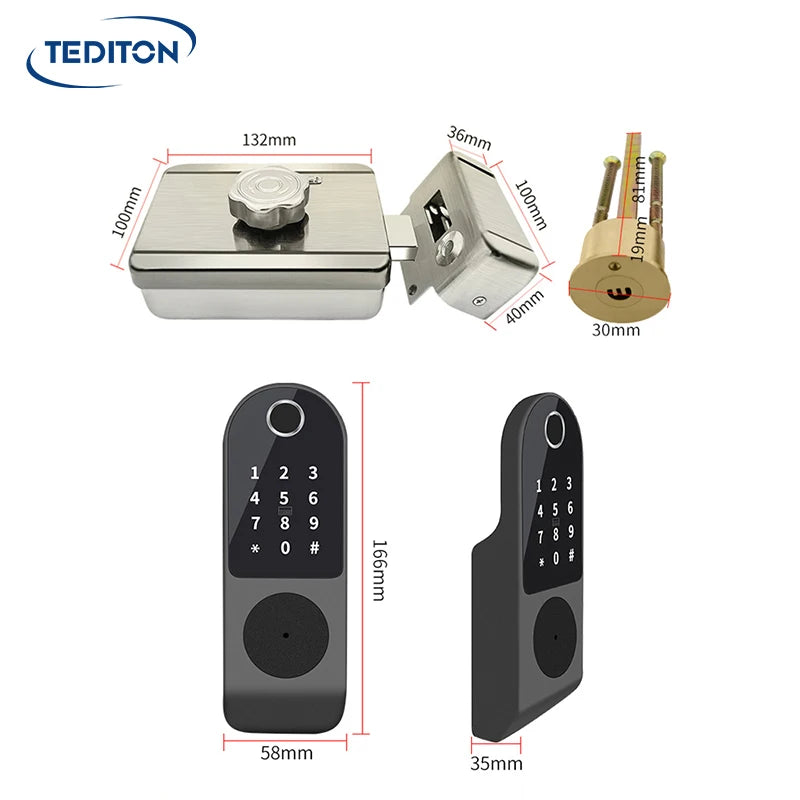 Tediton Waterproof Tuya APP Multi Languages Systrm Smart Digital Rim Door Lock for Gate Door