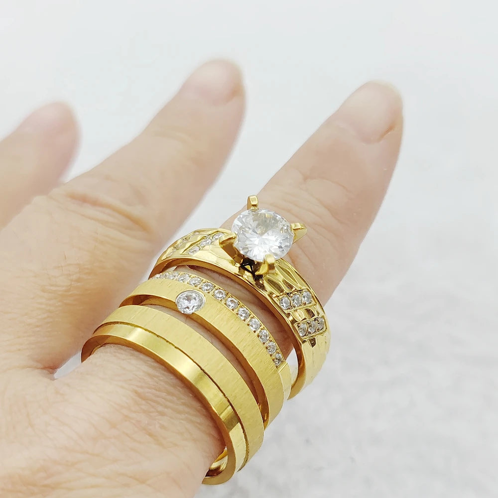 European Jewelry Luxury Alliances Bridal Set Golden Titanium Rings Western Promise Wedding Engagement Rings Couples